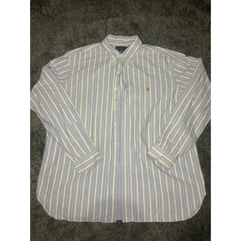 Ralph Lauren Shirt Mens XXL Blue Yellow Stripe Classic Fit Long Sleeve Pony